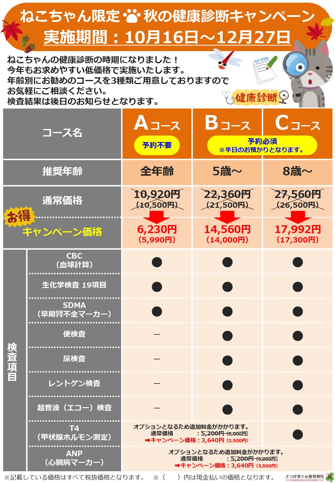 ねこちゃん限定 秋の健康診断キャンペーン（2019年）｜よつば新小岩 